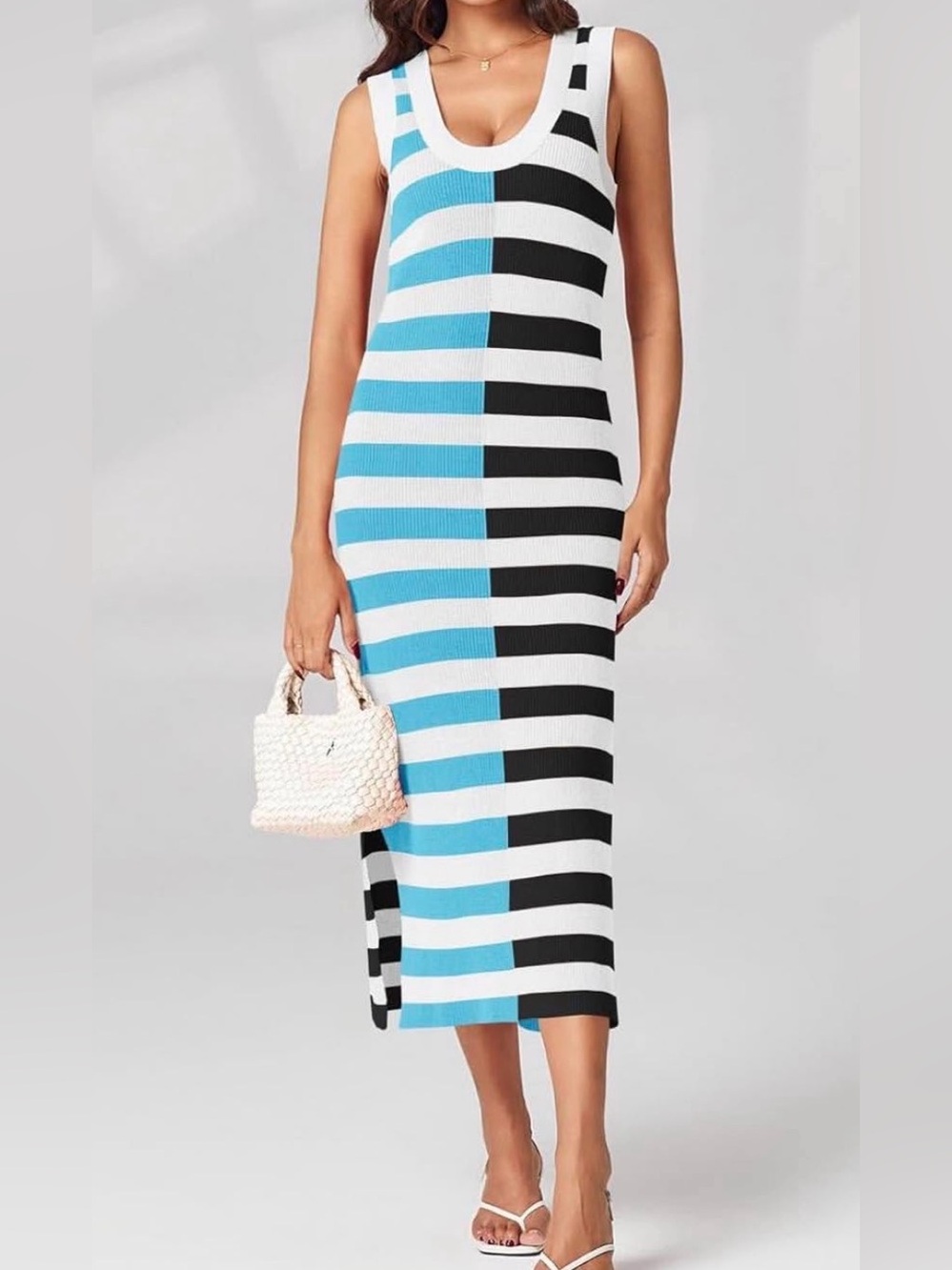 Summer Striped Sleeveless Knitted Contrast Color Side Slit Casual Beach Dress